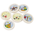 Small round pinball game with colorful cartoon designs on a white background