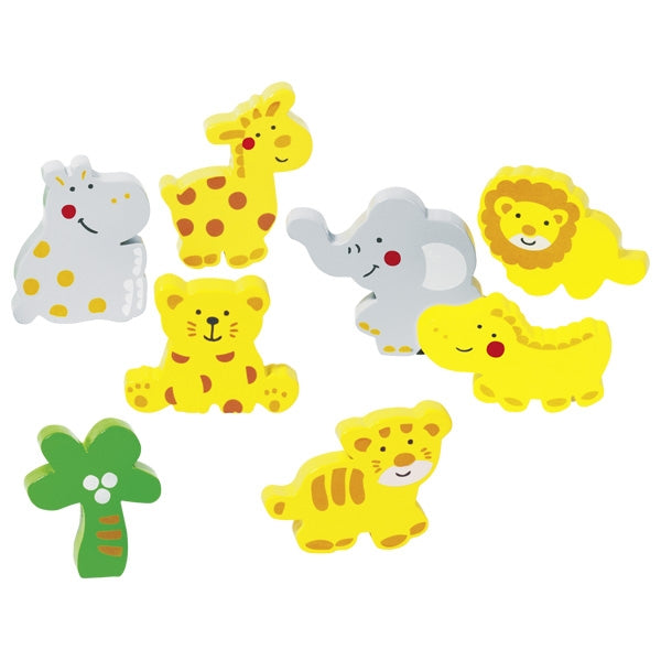 Set of colorful animal-shaped toys on a white background