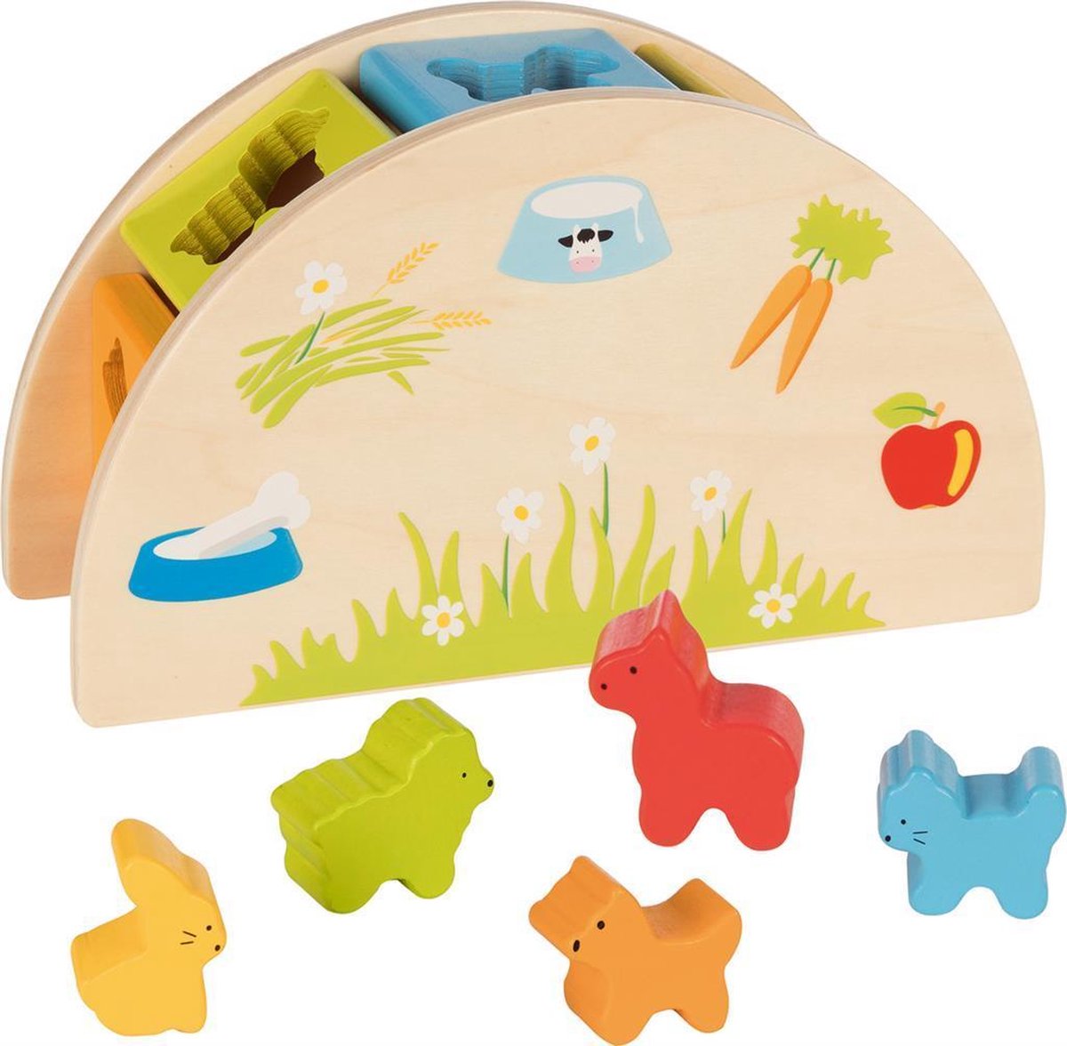 Wooden toy with animal shapes and a nature-themed background
