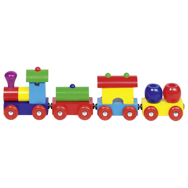 Colorful wooden toy train set on a white background