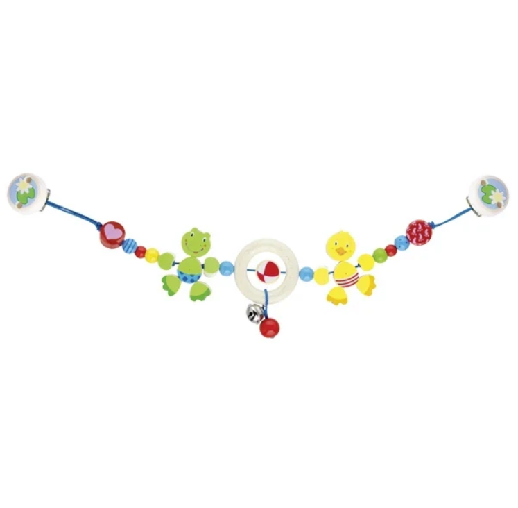 Colorful pram chain with animals and bells on a white background