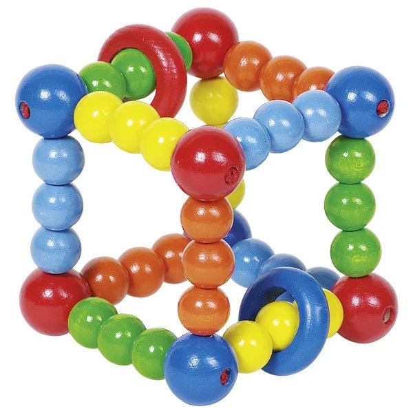 Colorful beaded toy with a snake-like design on a white background