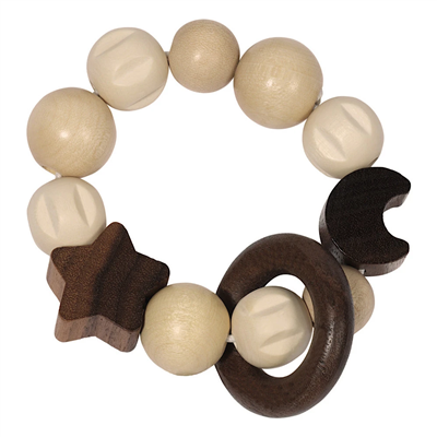 Wooden teething ring with white and brown beads on a white background