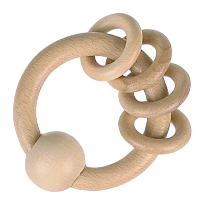 Wooden baby teething ring with multiple loops on a white background