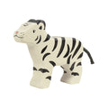 Holztiger Wooden Small snow tiger figure with a white base and black stripes.