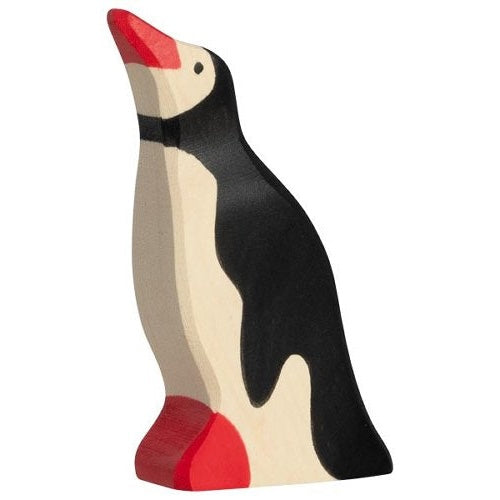 Wooden penguin toy with a red beak and feet on a white background