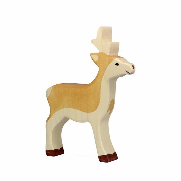 Wooden deer figurine on a white background