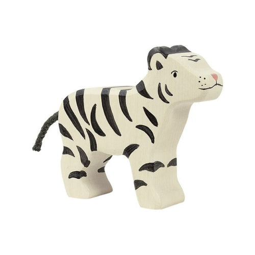 Holztiger Wooden Small snow tiger figure with a white base and black stripes.