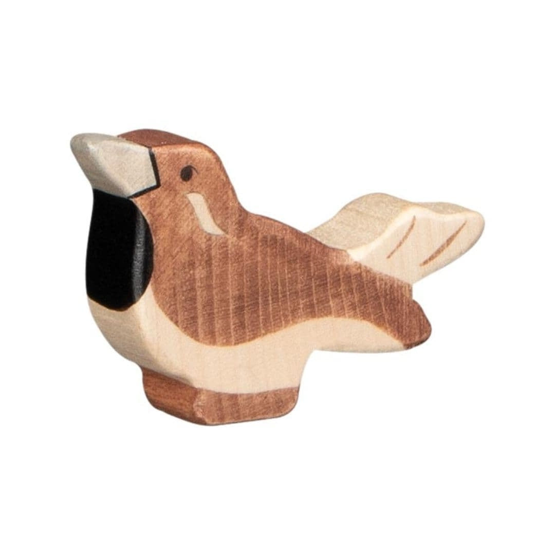 Wooden Sparrow Toy by Holztiger. the bird is Brown on a beige base.