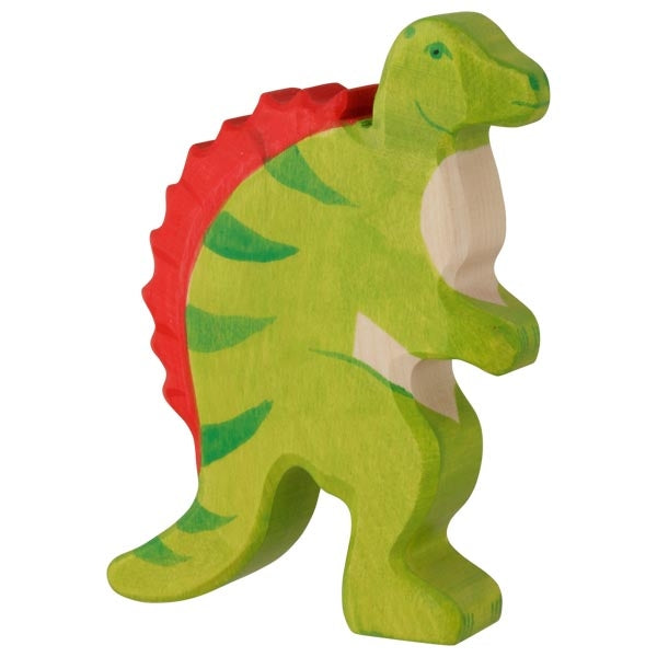 Green dinosaur toy with red spikes on a white background