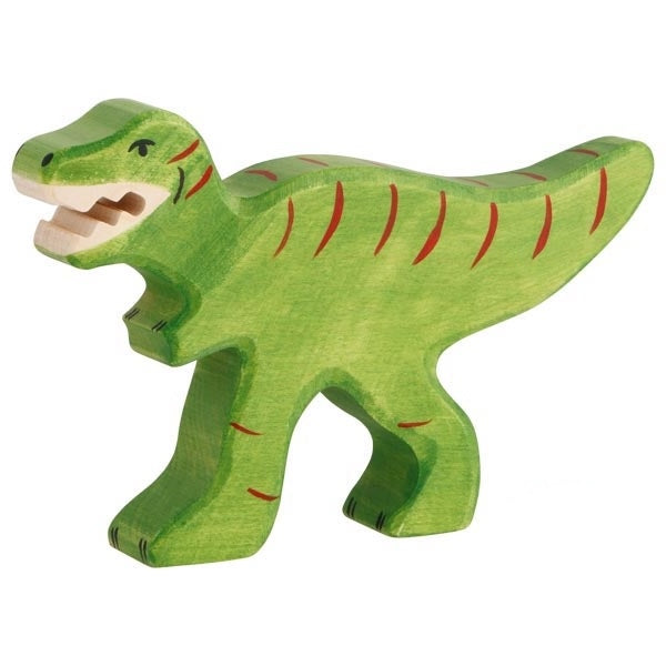 Green wooden T-rex dinosaur toy on a white background