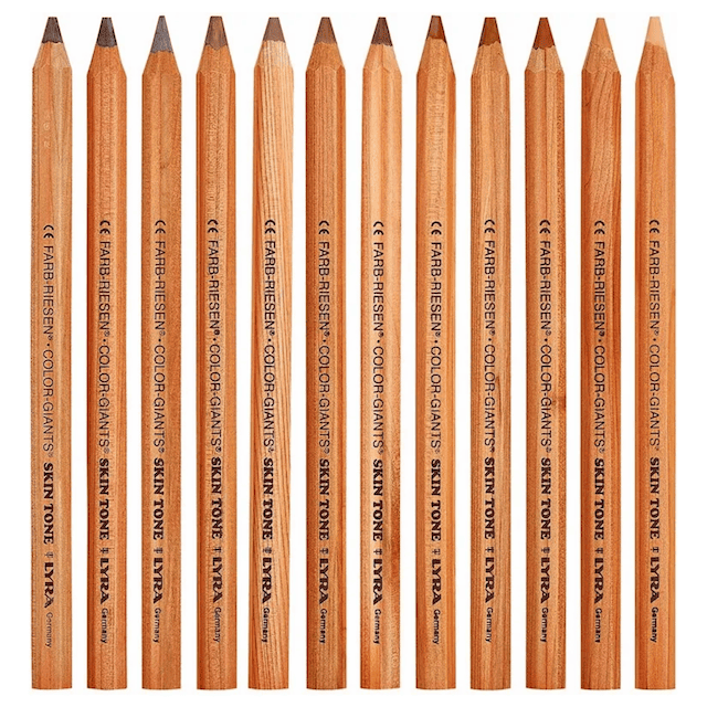Row of wooden Lyra colored pencils with visible branding on a white background