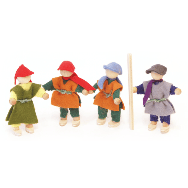 Four toy figures in colorful outfits on a white background