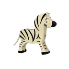 A wooden figure of a baby zebra with black and white stripes, handcrafted and painted.