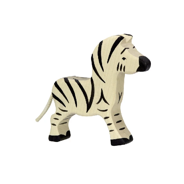 A wooden figure of a baby zebra with black and white stripes, handcrafted and painted.